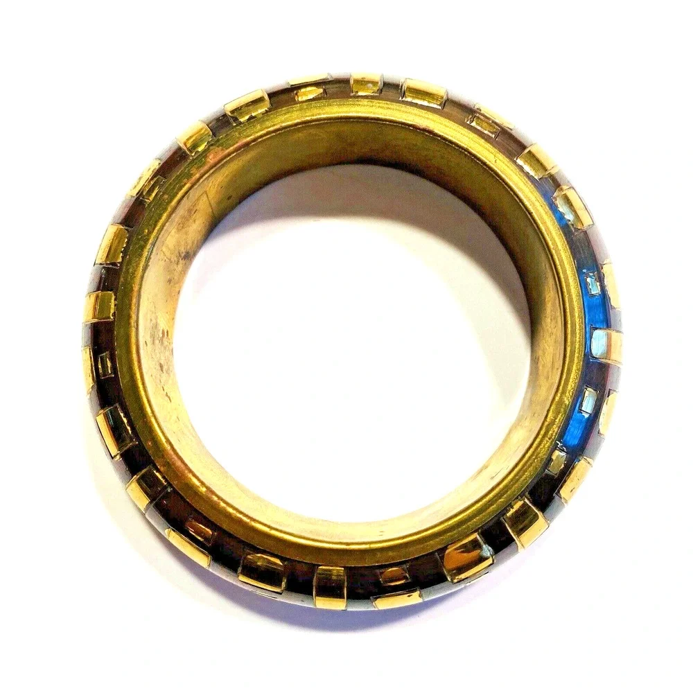 Vintage Brass Bangle Bracelet 1980's Goldtone & Oxidized Metal Inlay Unique Boho